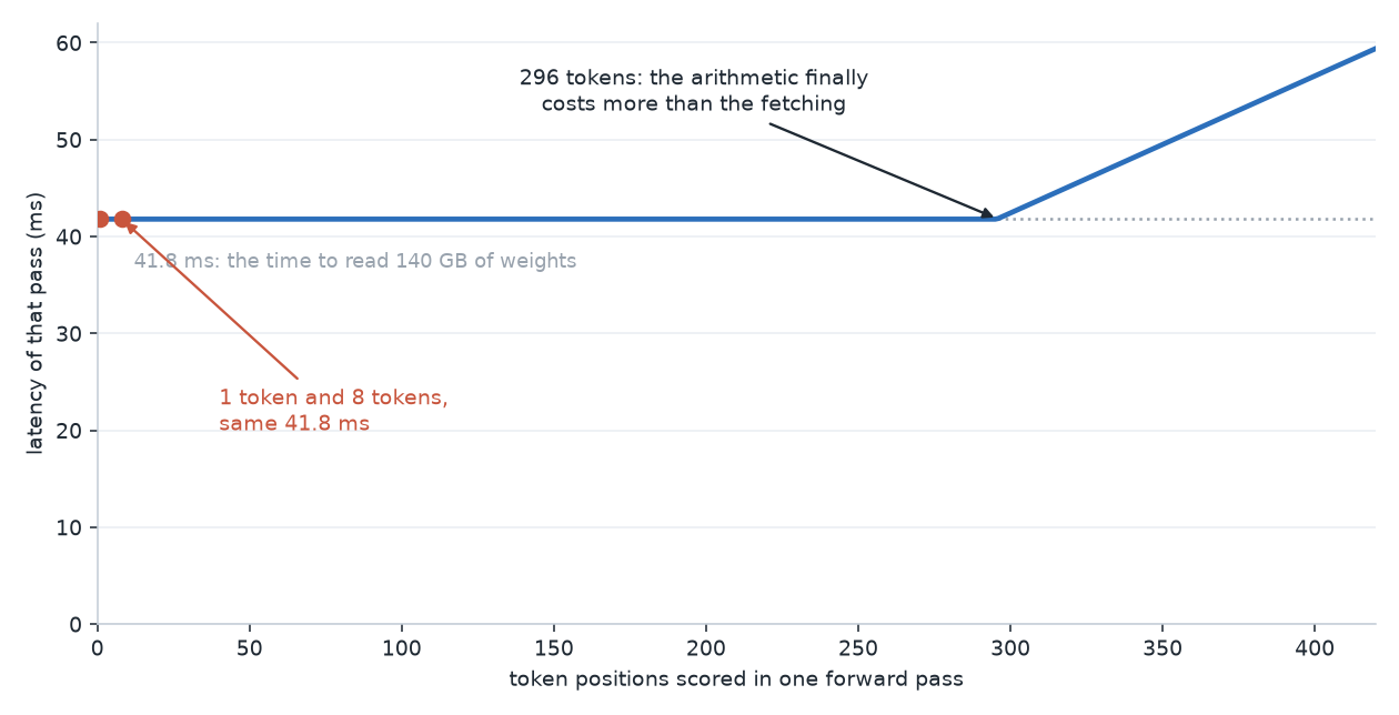 Line plot of forward-pass latency against the number of tokens scored in one pass, flat at forty-two milliseconds until it starts to climb near three hundred tokens