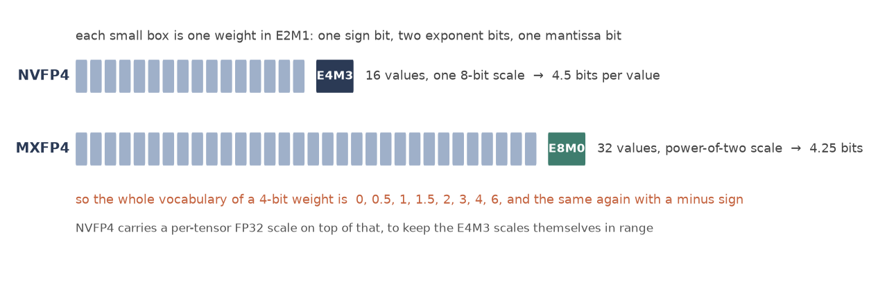 Two rows of small boxes, sixteen with an E4M3 scale for NVFP4 and thirty-two with an E8M0 scale for MXFP4